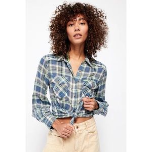 Free People First Bloom Plaid Top Small Blue Chambray